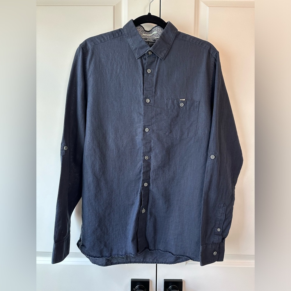 Ted Baker Men’s Linen & Cotton Blend Blue Long Sleeve Button Down Shirt (Sz 4/L)